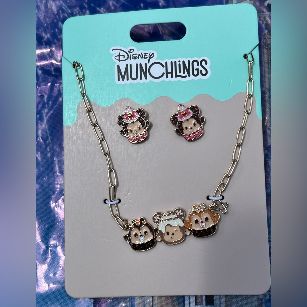Disney Parks Munchlings Charm Necklace & Earrings Mickey & Minnie Chip & Dale